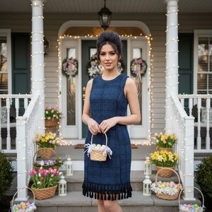 Adelyn Rae Midnight Sparkle Blue Fringe Tweed Dress — Size Small